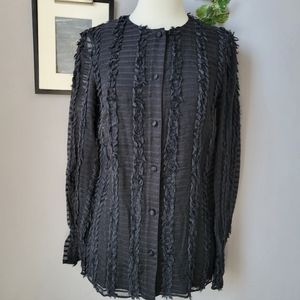 St. John Textured Silk Linen Blend Button‎ Front Blouse Black 2